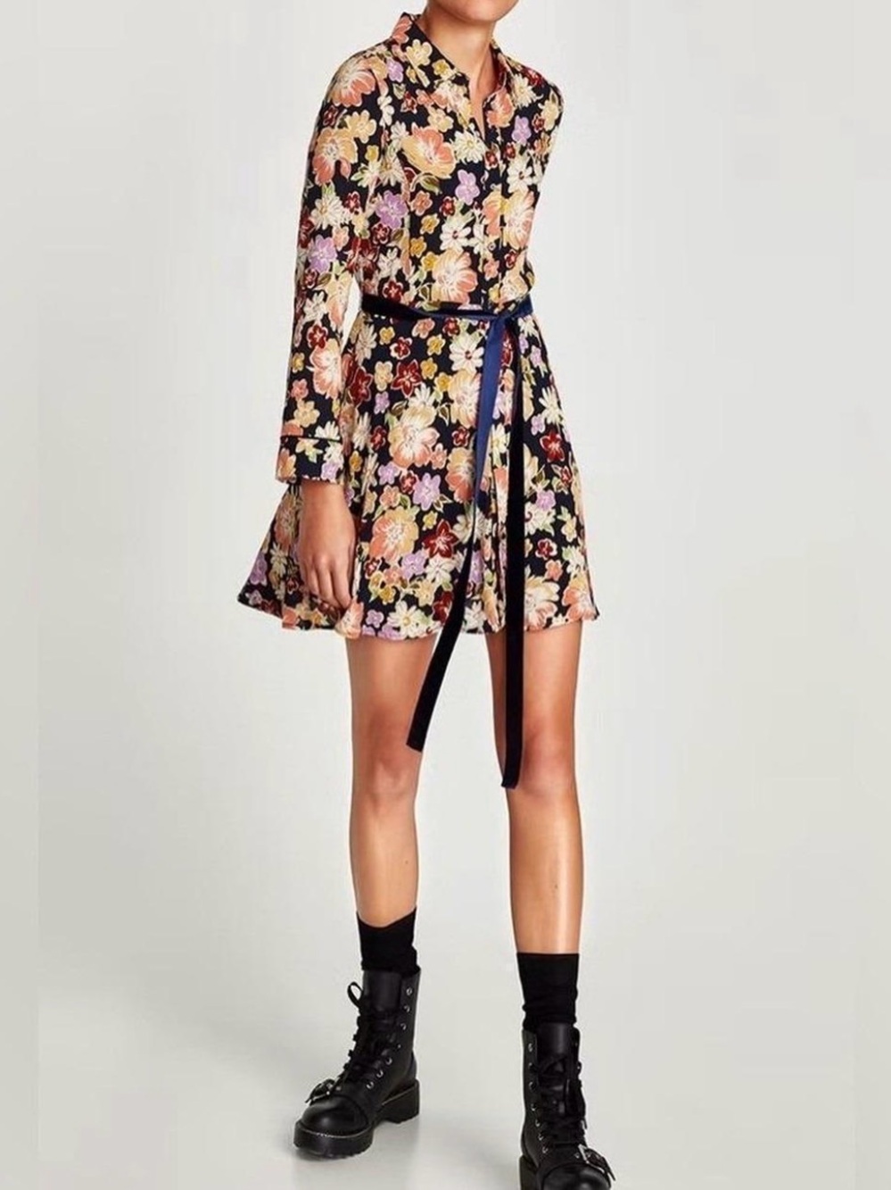 Zara Black Floral Mini Shirt Dress with Pink, Peach and Cream Blooms